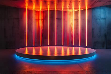 Premium Photo A Circular Light Fixture With Neon Lights In A Room