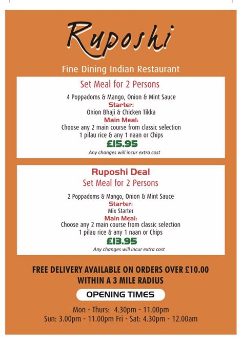 Menu At The Ruposhi Restaurant Bury