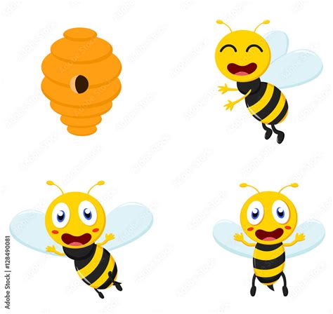 Cute Honey Bee Cartoon Collection Set Stock Vector Adobe Stock