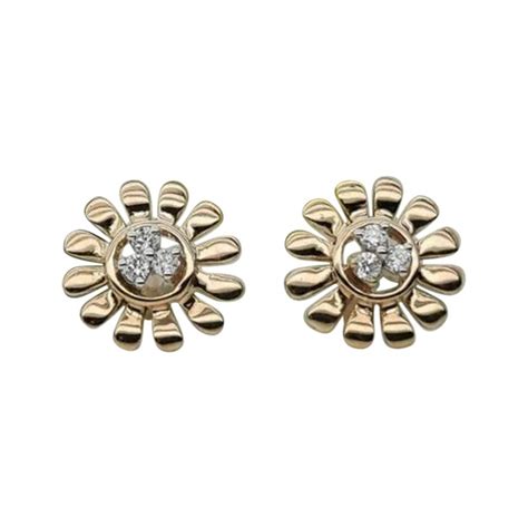 Sunflower Earring 14k Solid Gold Tiny Diamond Studs For Sale At 1stDibs