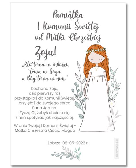 Pamiątka Komunii od matki chrzestnej personalizowana dla dziewczynki