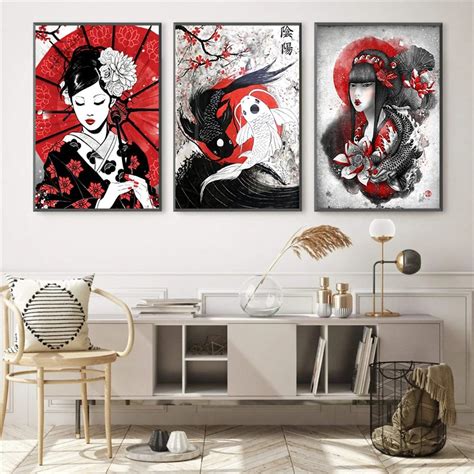 P Steres Con Impresi N Abstracta De Geisha De Estilo Japon S Pintura En