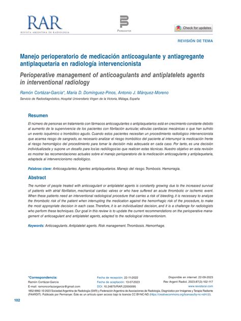 Pdf Manejo Perioperatorio De Medicaci N Anticoagulante Y