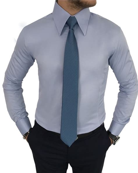 italyan stil slim fit sivri yaka saten erkek gömlek Mavi T7215