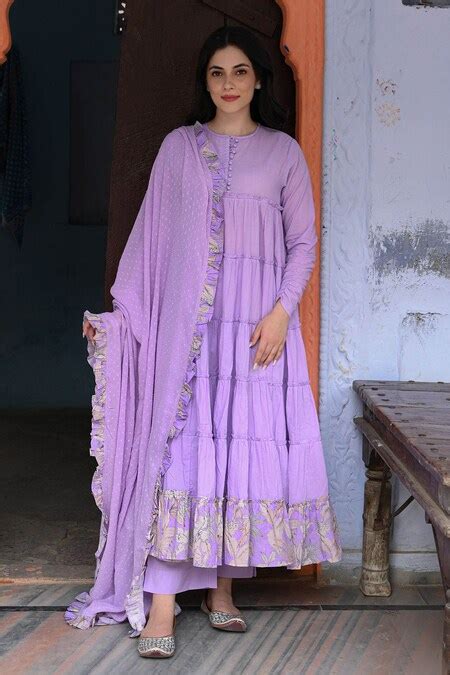 Buy Purple 100 Cotton Printed Floral Round Neck Border Anarkali Set