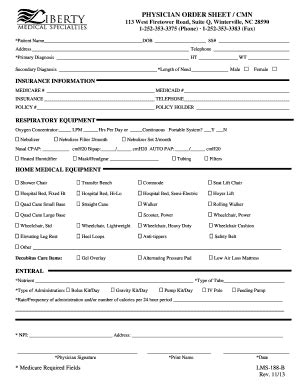 Fillable Online Physician Order Sheet Cmn West Firetower Road Suite