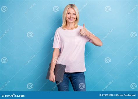 Portrait Of Cheerful Attractive Lady Hold Netbook Hand Finger Show