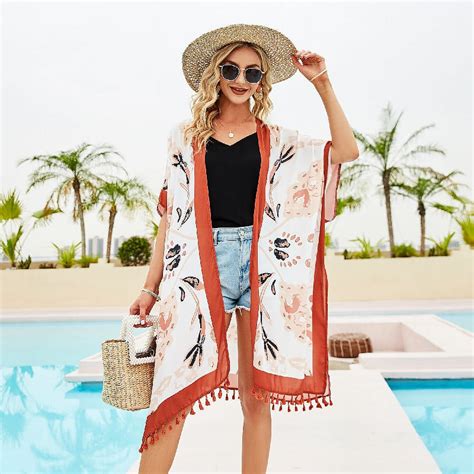 LinYooLi An And American Seaside Vacation Print Sexy Cardigan Beach Bikini Cover Up Chiffon Mid