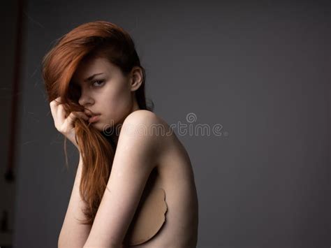 Nude Woman Red Hair Cropped View Close Up Gray Background Stock Photo Image Of Relaxation