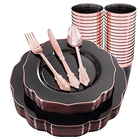 Bucla 30guest Clear Black Plastic Plates With Rose Gold