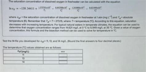 The Saturation Concentration Of Dissolved Oxygen In Chegg