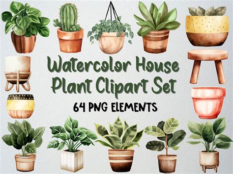 Watercolor House Plants Clipart Set Of 64 Png Files Home Decor Clipart Indoor Plant Clipart