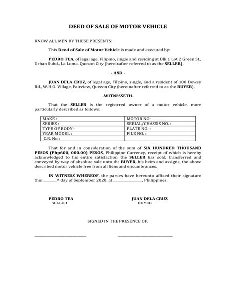 Deed Of Sale Of Motor Vehicle