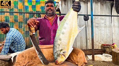 KASIMEDU MINNAL RAJA BIG QUEEN TREVALLY FISH CUTTING IN KASIMEDU