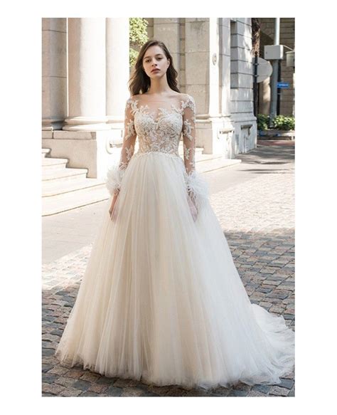 Sexy Sheer Top Beaded Long Sleeve Wedding Dress Open Back Tulle