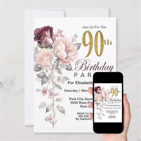 Burgundy And Blush Pink Floral 90th Birthday Invitation Zazzle