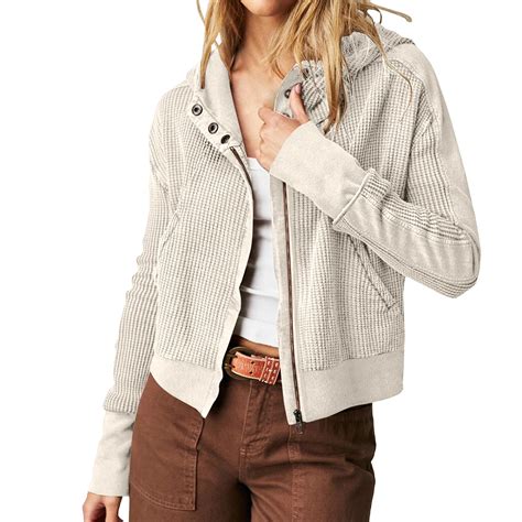 Deholifer Women Waffle Jacket Cotton Knit Hoodies Zip Up Cropped Jacket