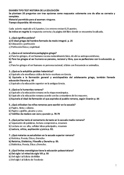 Examen Tipo Test 1 Examen Tipo Test Historia De La EducaciÓn Se