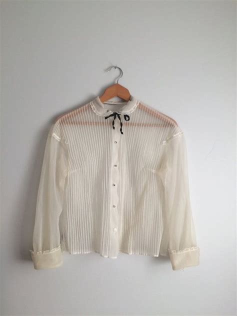 S Sheer Cream Blouse Vintage Peter Pan Collar Blouse Etsy