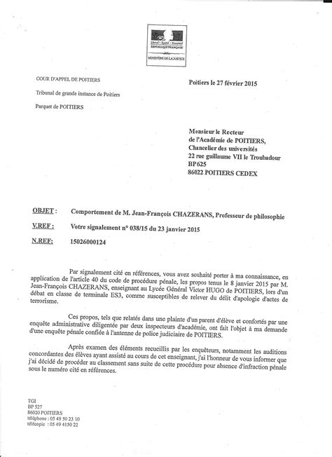 Lettre du procureur au recteur 27 février 2015 Jean François Chazerans