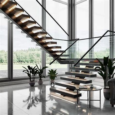 Residential Modern Staircase Mono Stringer Glass Railing Floating