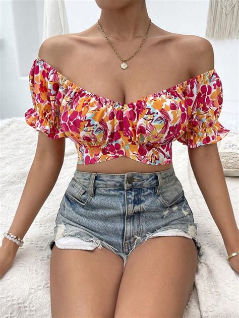 Shein Vcay Top Cortado Impress O Floral Fora Do Ombro Manga Bufante