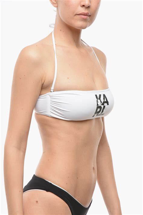 Karl Lagerfeld Solid Color Bandeau Bikini Top With Printed Contrasting