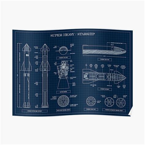 Spacex Super Heavy Starship Navy Blueprint Premium Matte Vertical