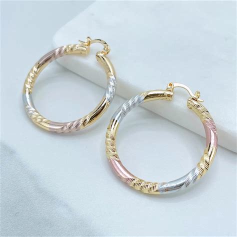 18k Gold Filled Three Tone 40mm Textured Hoop Earrings