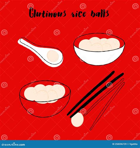 Glutinous Rice Balls Illustration Set On Red Background Cartoon Vector