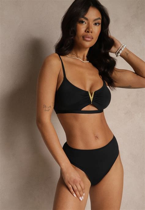 Czarne Bikini Majtki Figi i Biustonosz Ozdobiony Metaliczną Aplikacją Kinniela Renee
