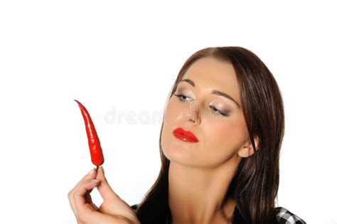 Beautiful Woman With Red Hot Chilli Pepper Stock Image Image Of Bite Healthy