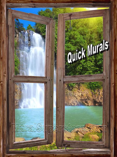 Waterfall Cabin Window Wall Mural