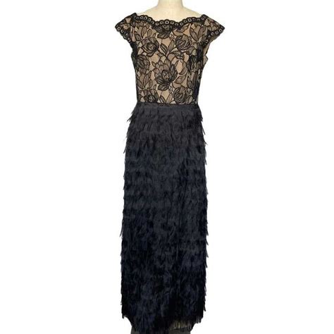 Tadashi Shoji Black Nude Lace Feather Long Gown Dress Gem