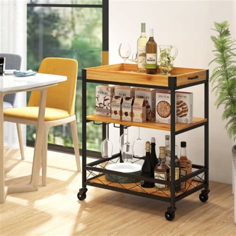 3 Tier Wine Bar Cart Rolling Rack Serving Trolley Detachable Top And Glass Holder 1 Unit Kroger