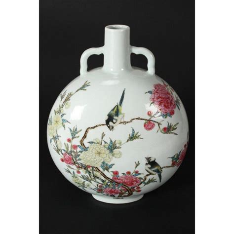 Chinese Famille Rose Moon Flask With Bird And Blossom Motifs Ceramics