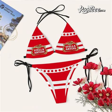 White Stripe Stella Artois Triangle Bikini Set Swimsuit