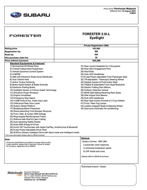 Pricesheet Forester I L Eyesight Pm Aug Paul Tan S