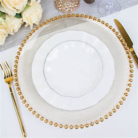 6 Pack 12 Clear Gold Glitter Acrylic Plastic Charger Plates With Beaded Rim Pack Of 6