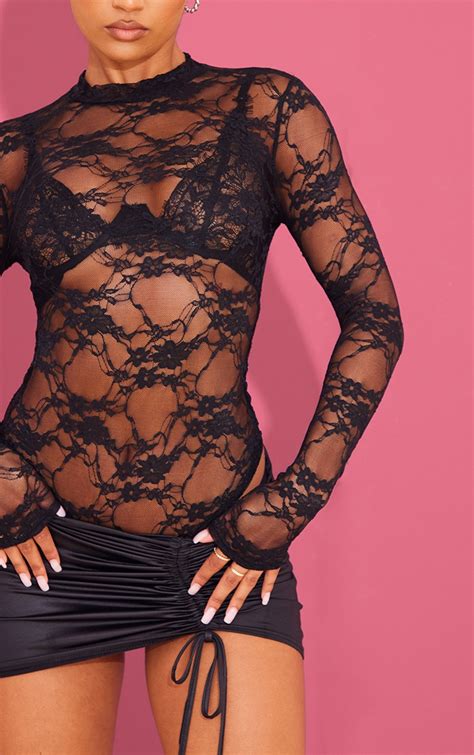 Black Lace Long Sleeve Bodysuit Tops Prettylittlething