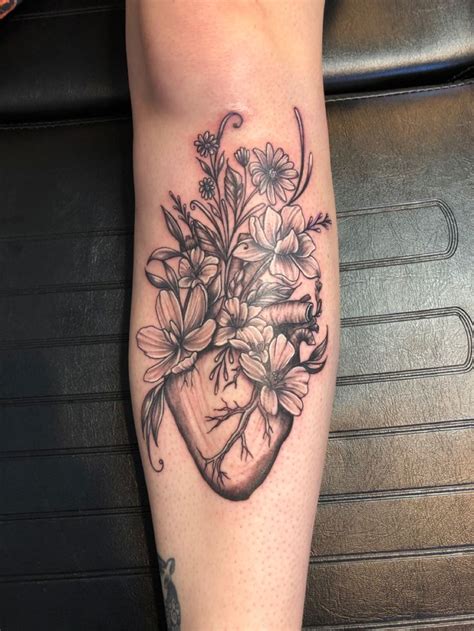 Floral Anatomical Heart Tattoo Black And Grey In Anatomical