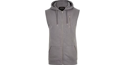 River Island Grey Zip Up Sleeveless Hoodie In Gray For Men Lyst