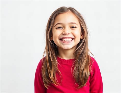 Chica Con El Cabello Largo Sonriendo Y Con Una Camisa Roja Imagen