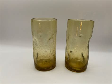 Blenko Pinched Glass Crackle Finish Tumblers In Honey Amber Etsy