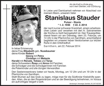 Traueranzeigen Von Stanislaus Stauder Trauer Bz