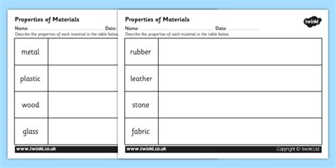 Properties Of Materials Worksheet