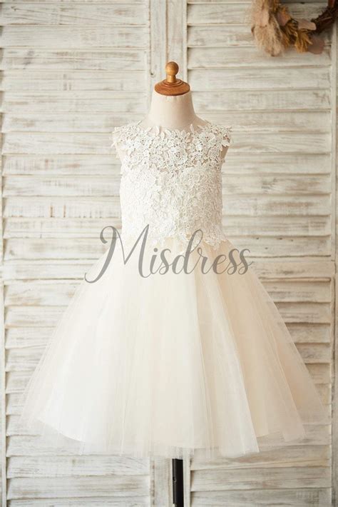 Ivory Champagne Lace Tulle Keyhole Back Wedding Flower Girl Dress