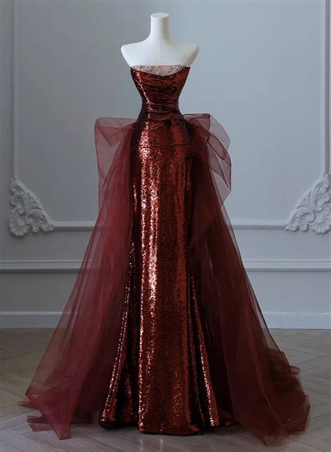 Wine Red Sequins and Tulle Long Party Dress, Wine Red Evening Dress Pr ...