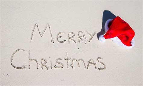 Merry Christmas Written On Tropical Beach White Stock Image Image Of