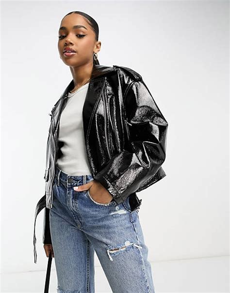 Miss Selfridge Vinyl Faux Leather Biker Jacket In Black Asos